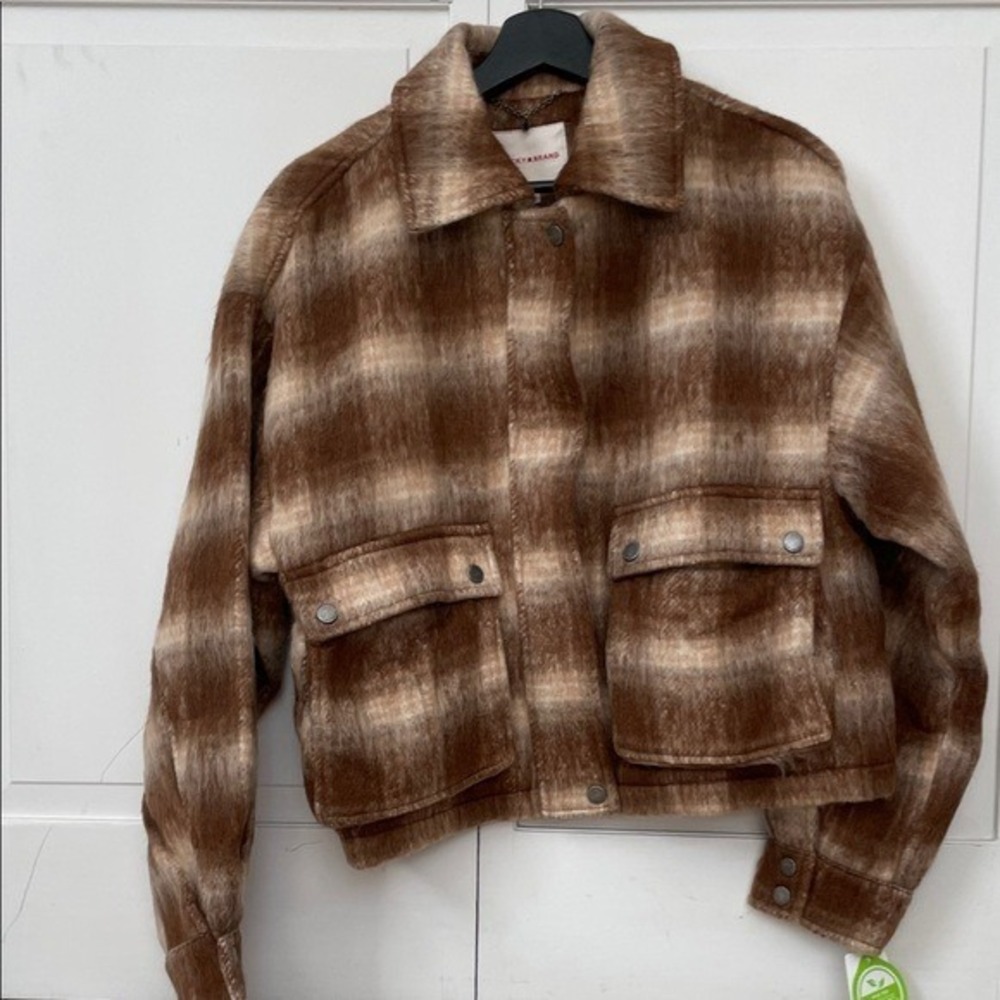 Lucky Brand Plaid Shacket Womens M Brown Fuzzy Cropped Zip Up Jacket EXCELLENT